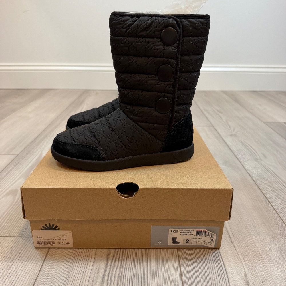 NEW UGG K Puffy Quilted Houndstooth Black Winter Boots 1014449K Kids Size 2